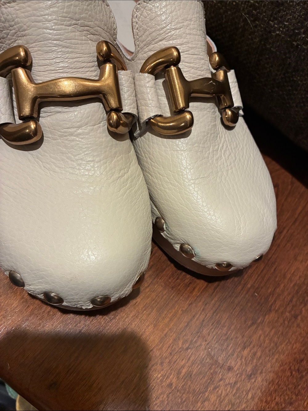 Boden Cream Leather Studded Clog Mule with Gold Buckle - Picture 6 of 7